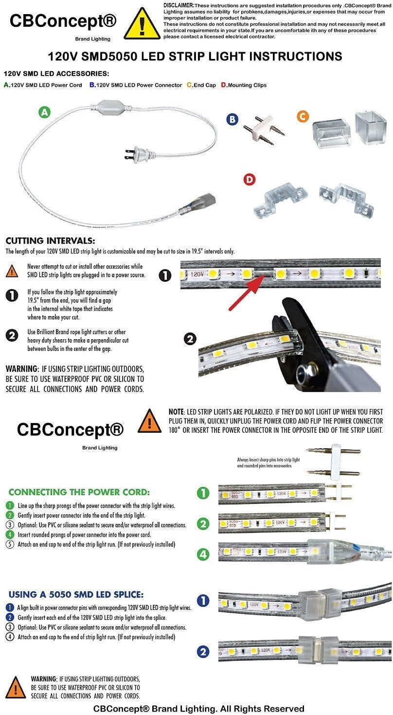 CBConcept UL Listed, 50 Feet, 5500 Lumen, 3000K Warm White, Dimmable, 110-120V AC Flexible Flat LED Strip Rope Light, 930 Units 3528 SMD LEDs, Indoor/Outdoor Use, Accessories Included, [Ready to use]