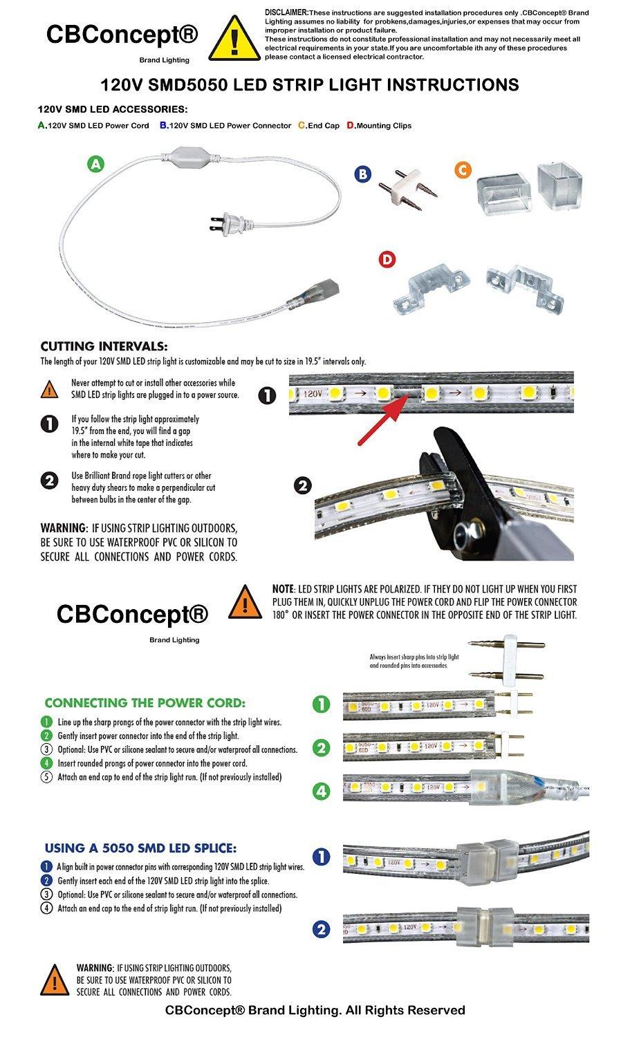 CBConcept UL Listed, 50 Feet, 5500 Lumen, 3000K Warm White, Dimmable, 110-120V AC Flexible Flat LED Strip Rope Light, 930 Units 3528 SMD LEDs, Indoor/Outdoor Use, Accessories Included, [Ready to use]