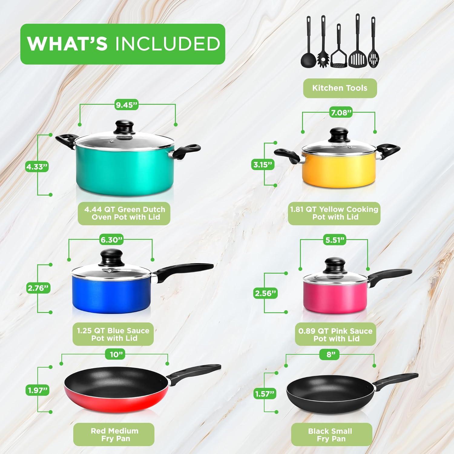 Nutrichef 15 Piece Nonstick Kitchen Cookware Set with 2 Cooking Pots, 2 Sauce Pots, 4 Lids, 2 Pans, and 5 Utensils, Multicolor