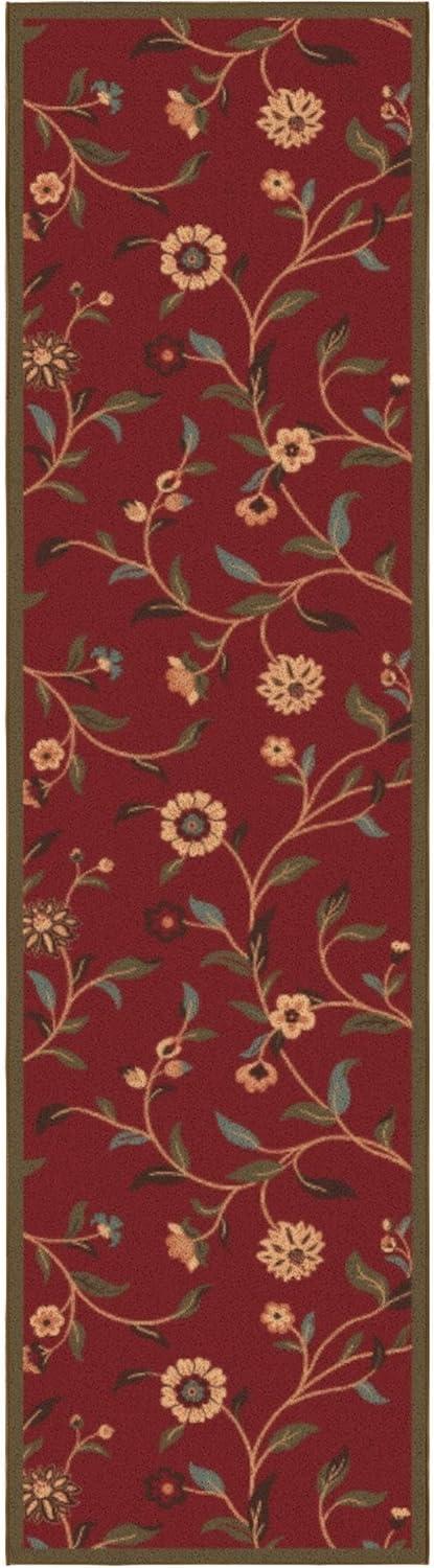 Ottohome Non-Slip Floral Leaves Area Rug For Living Room, Hallway, Entryway Rug, Dark Red