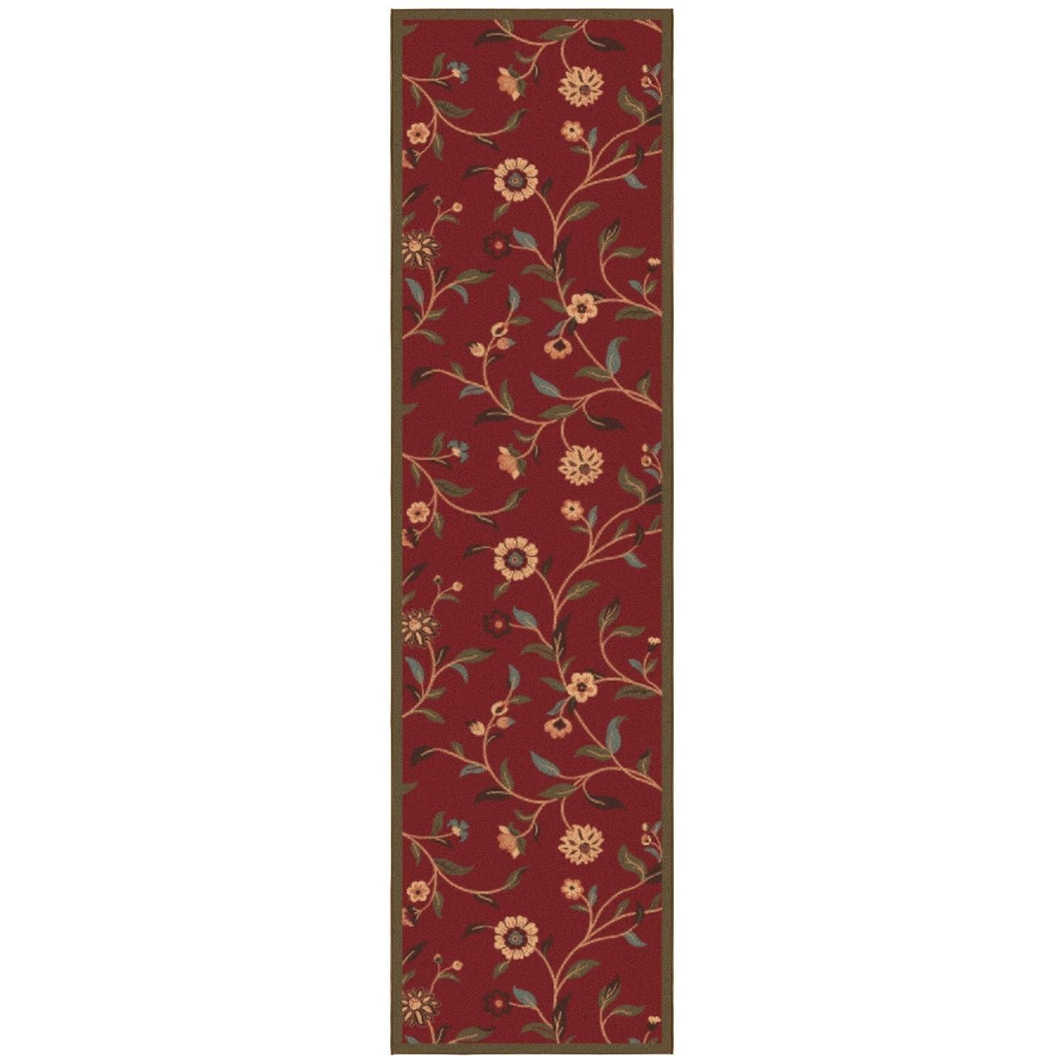 Ottohome Non-Slip Floral Leaves Area Rug For Living Room, Hallway, Entryway Rug, Dark Red