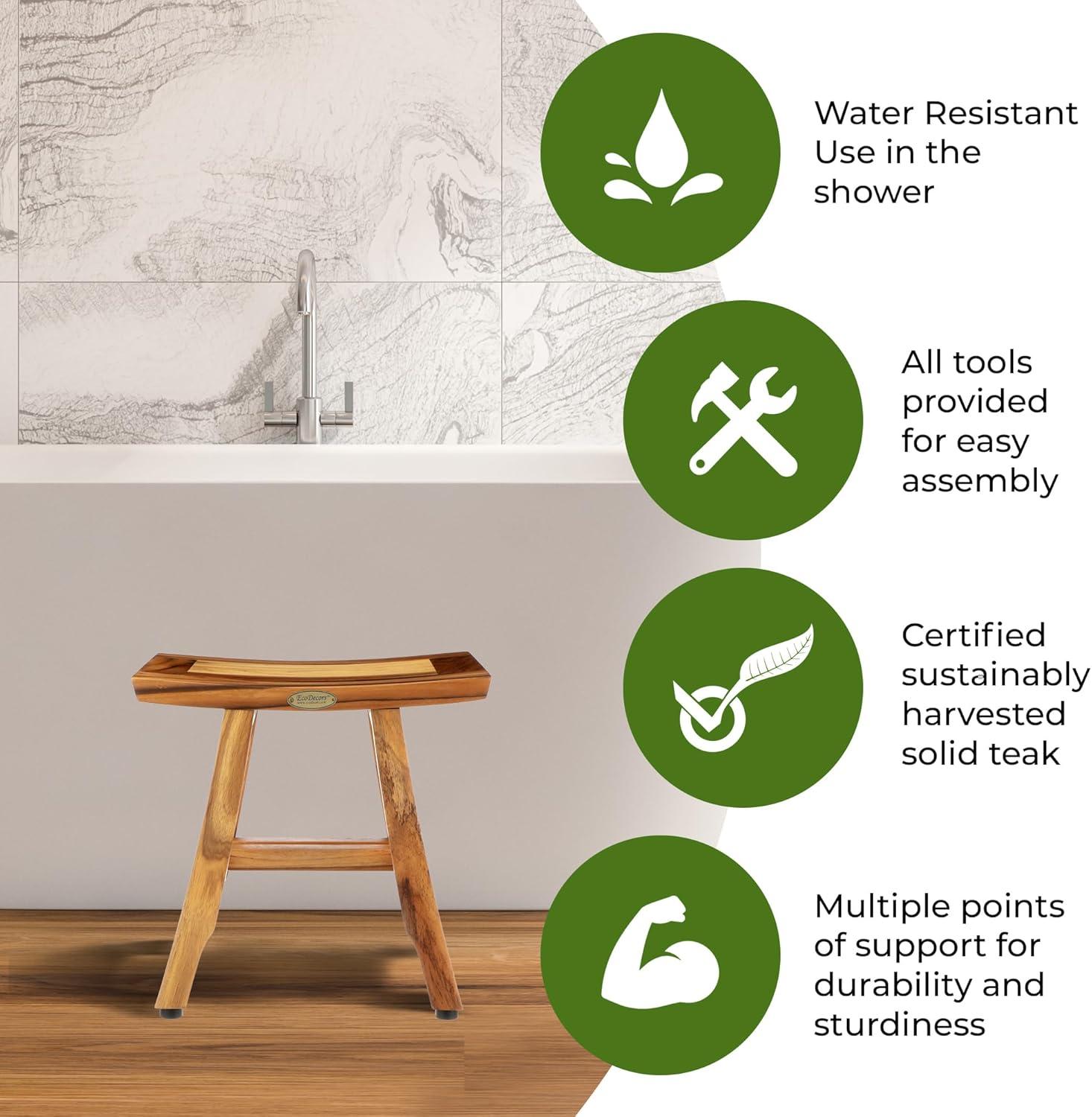 EcoDecors® Satori® 14" Solid Teak Shower Bench, Water-Resistant Bath Stool with Adjustable Feet, EarthyTeak Finish, Indoor/Outdoor Use