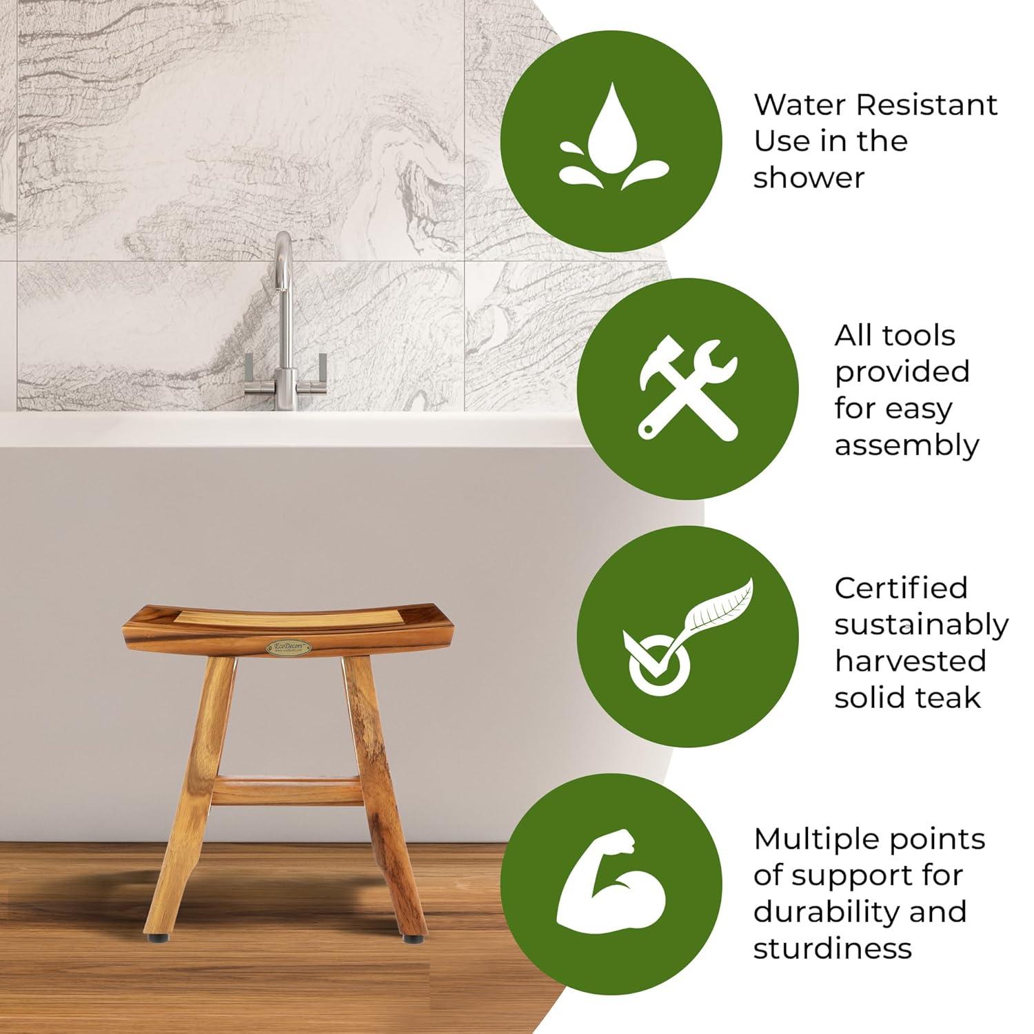 EcoDecors® Satori® 14" Solid Teak Shower Bench, Water-Resistant Bath Stool with Adjustable Feet, EarthyTeak Finish, Indoor/Outdoor Use