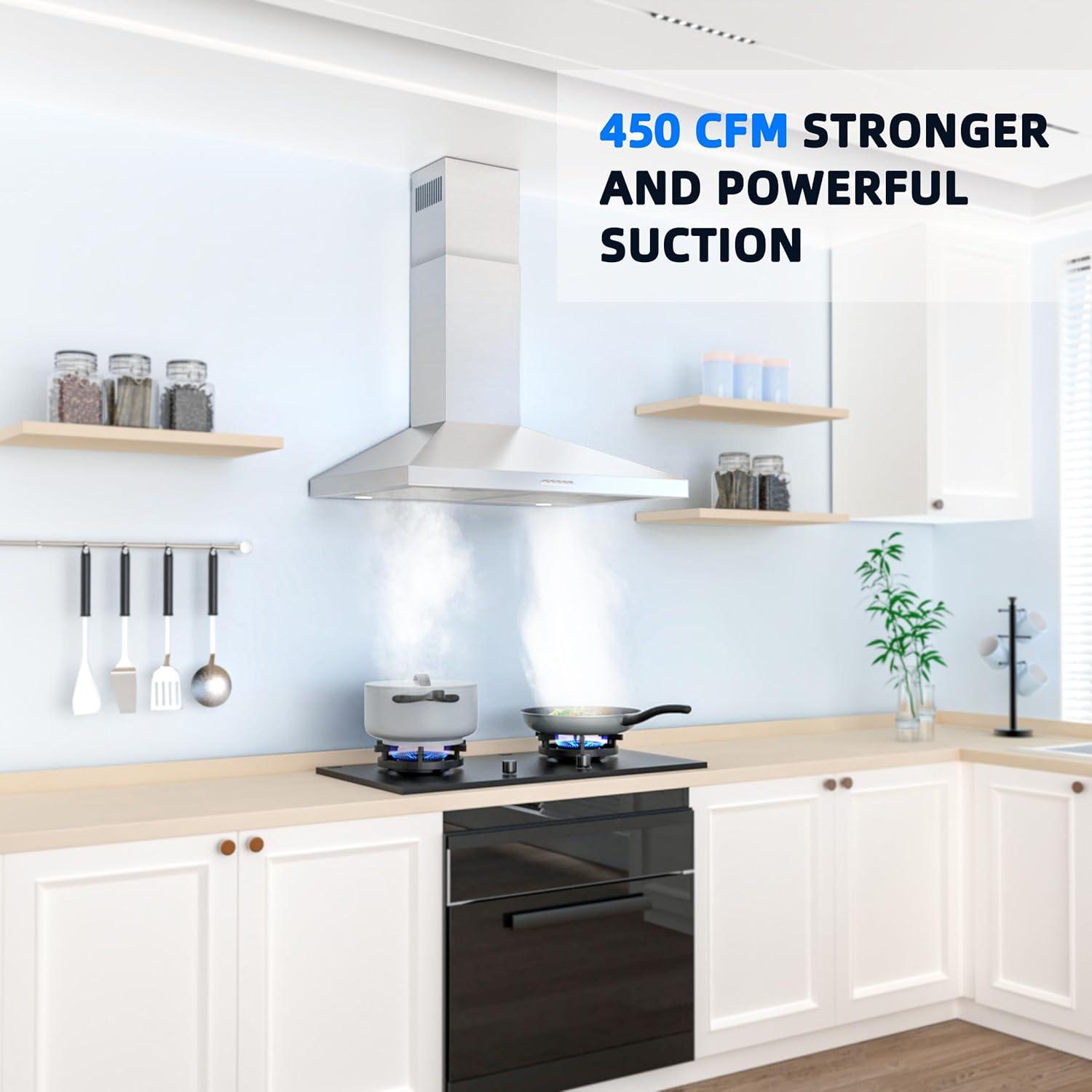 FIREGAS Range Hood 30 inch Wall Mount Type with Ducted/Ductless Convertible, 450 CFM Stainless Steel Chimney-Style Kitchen Hood, Over Stove Vent Hood with 3 Speed Fan, LED Light, Charcoal Filters