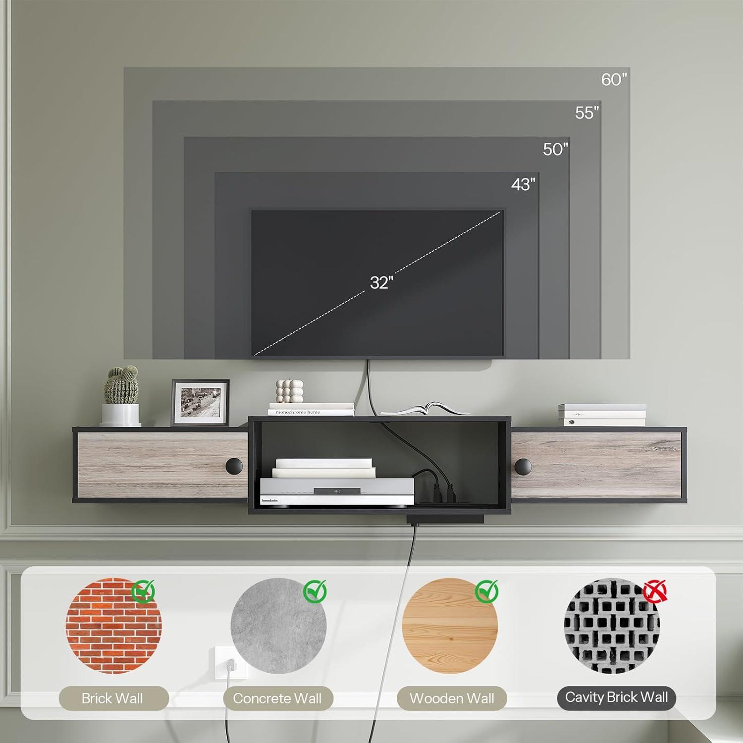 Floating TV Stand with Power Outlet 55", Modern Wall Mounted Media Console Shelf Cabinet for Under TV Storage, Entertainment Center, Living Room, Bedroom, Rustic Brown and Black BF11DS01