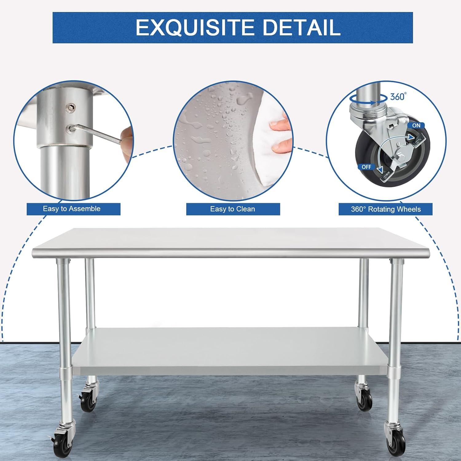 60-Inch Stainless Steel Work Table with Wheels and Undershelf