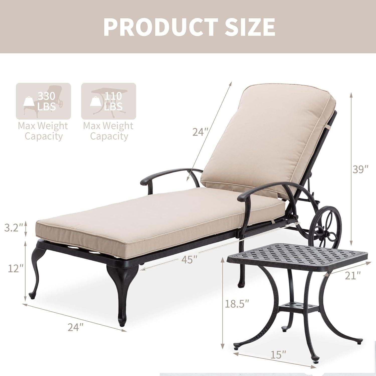 Outdoor Chaise Lounge Chairs, Pool Lounge Chairs with Cushion Cast Aluminum Patio Lounger with Wheels and Adjustable Reclining