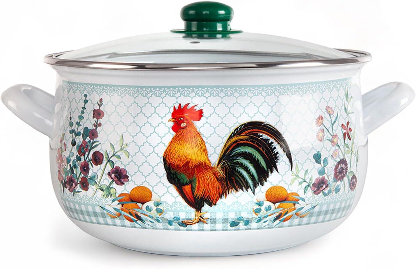 STP Goods Traditional Country Style Enamel Rooster Belly Deep Casserole With Glass Lid