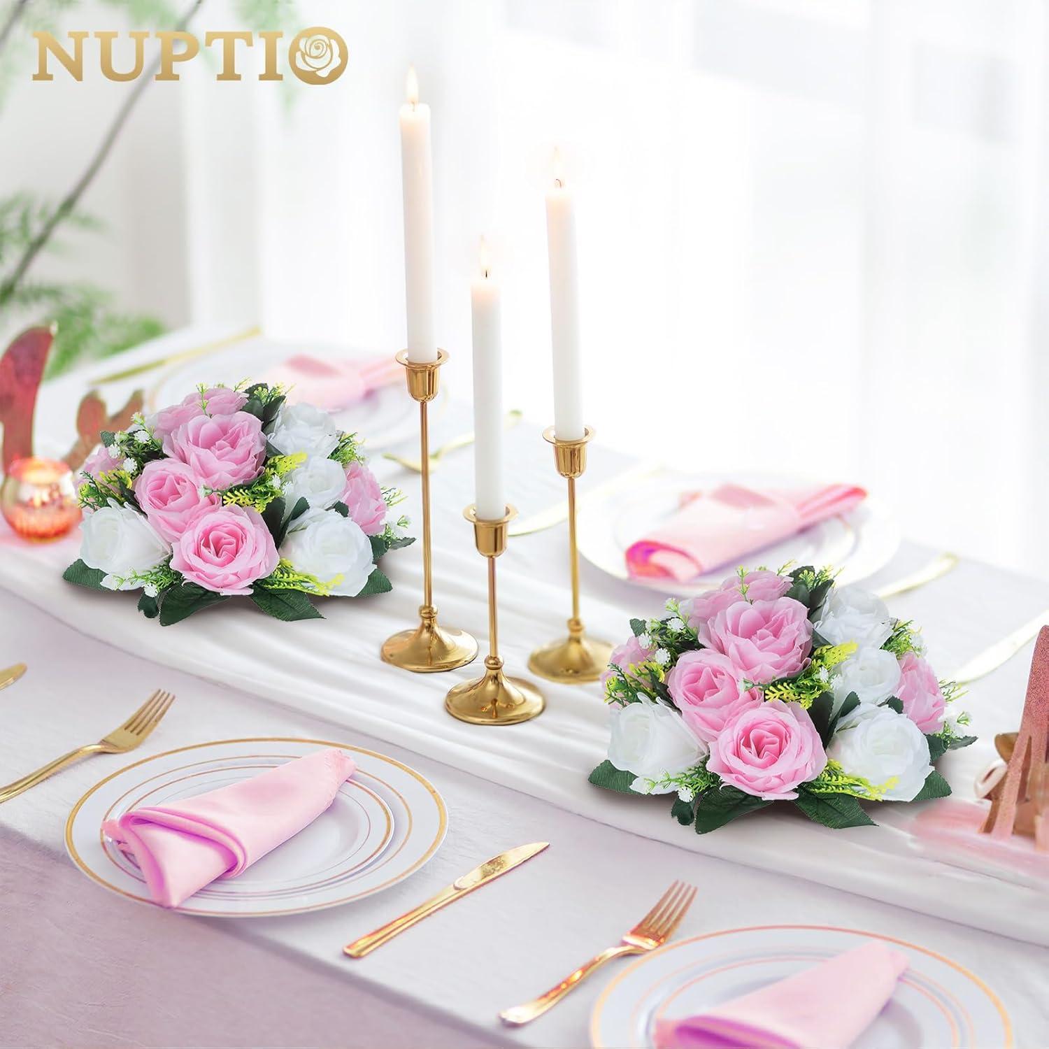 Nuptio Set of 2 Blue&White Artificial Flower Kissing ball, 15 Heads Fake Peony Silk Rose Flowers Bouquet for Centerpiece Wedding Birthday Party Home Table Decor