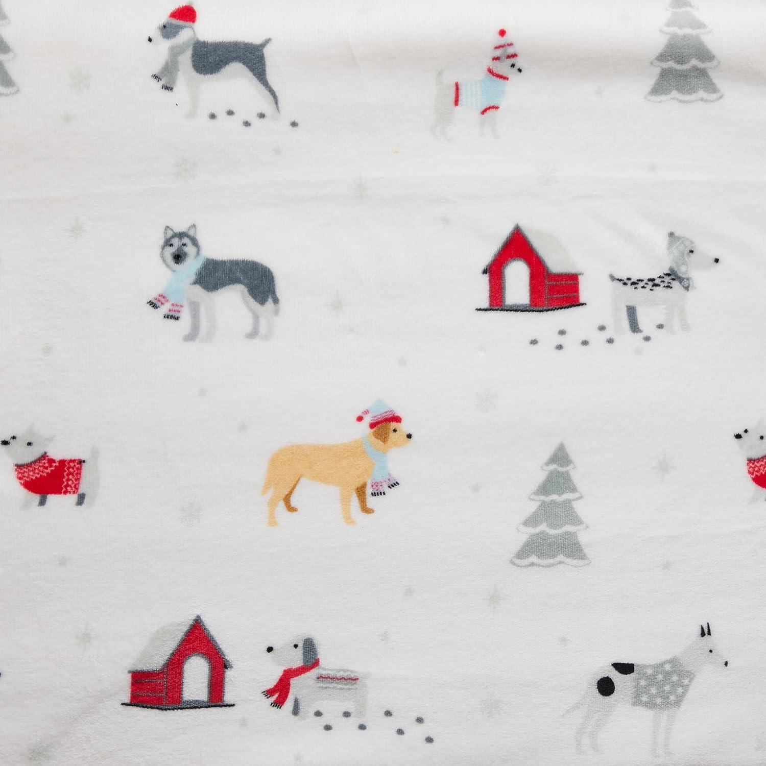 Great Bay Home Holiday Printed Plush / Sherpa Throw Blanket, 50" x 60", Pups in the Snow