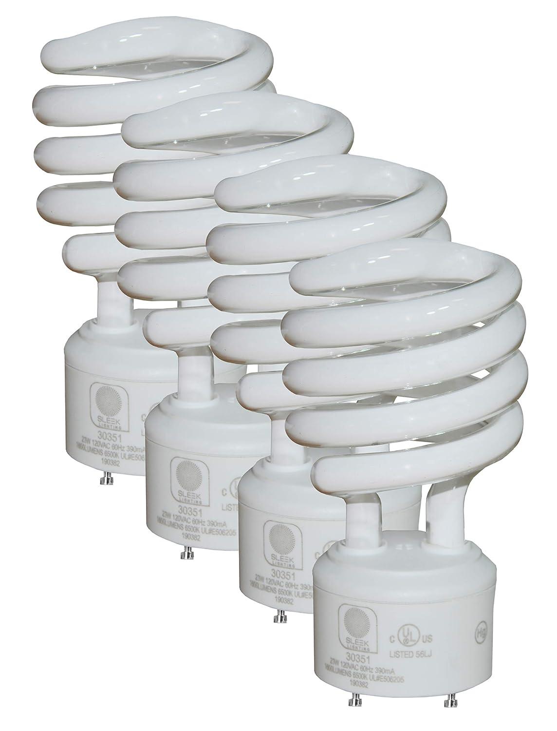 Sleek Lighting 23-Watt T2 Spiral CFL Fluorescent Light Bulbs with GU24 Base, Self-Ballasted Light Bulb for Bedroom Lighting, 1600 Lumens, 6500K 4-Pack