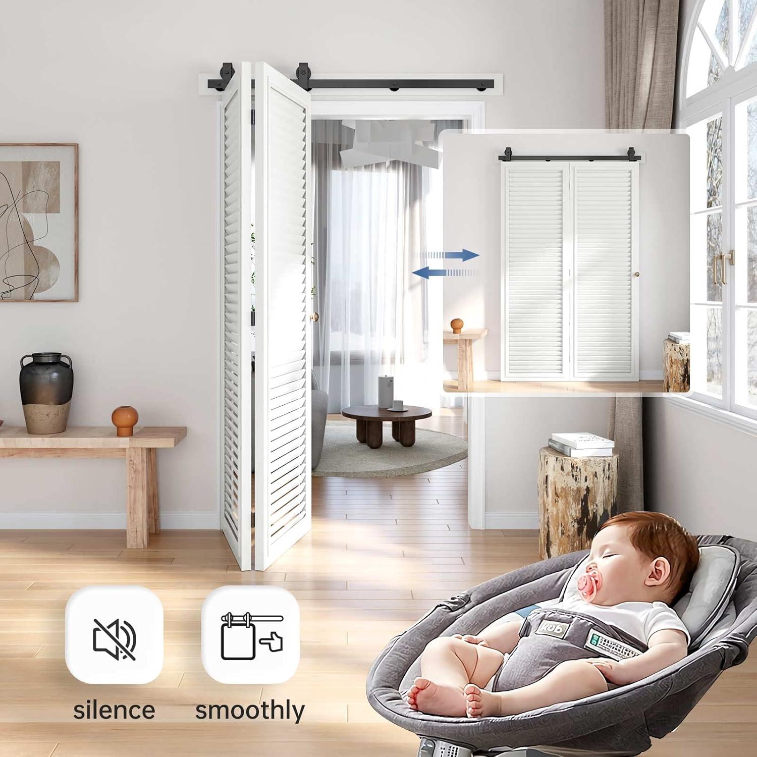 48 inch Bi-Folding Sliding Barn Door Hardware Track Kit, 4FT Black Roller Kit for 2 Doors, J Shape(No Door)