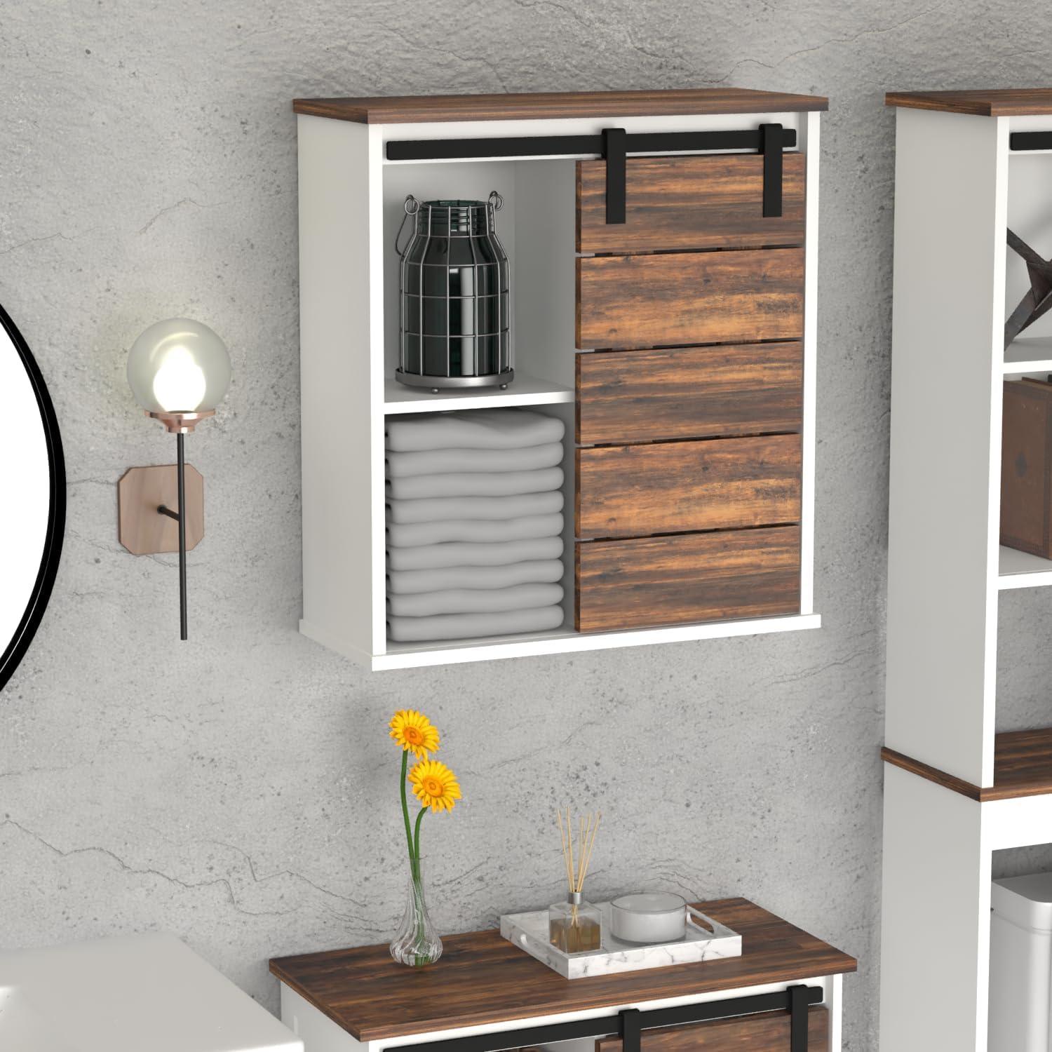 White and Brown Wood Wall Mounted Bathroom Cabinet with Sliding Barn Door