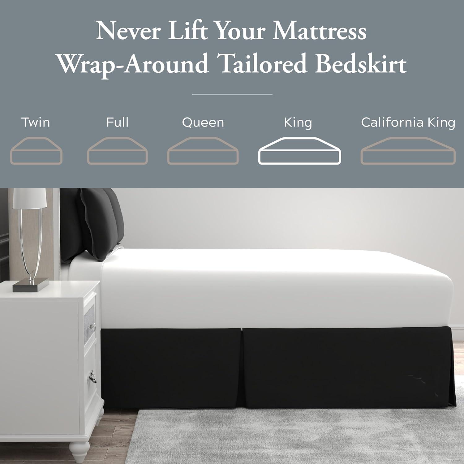 Bed Maker's Wrap-Around Hassle Free, Never Lift Your Mattress Tailored Bed Skirt, 14" Drop Length, King, Black