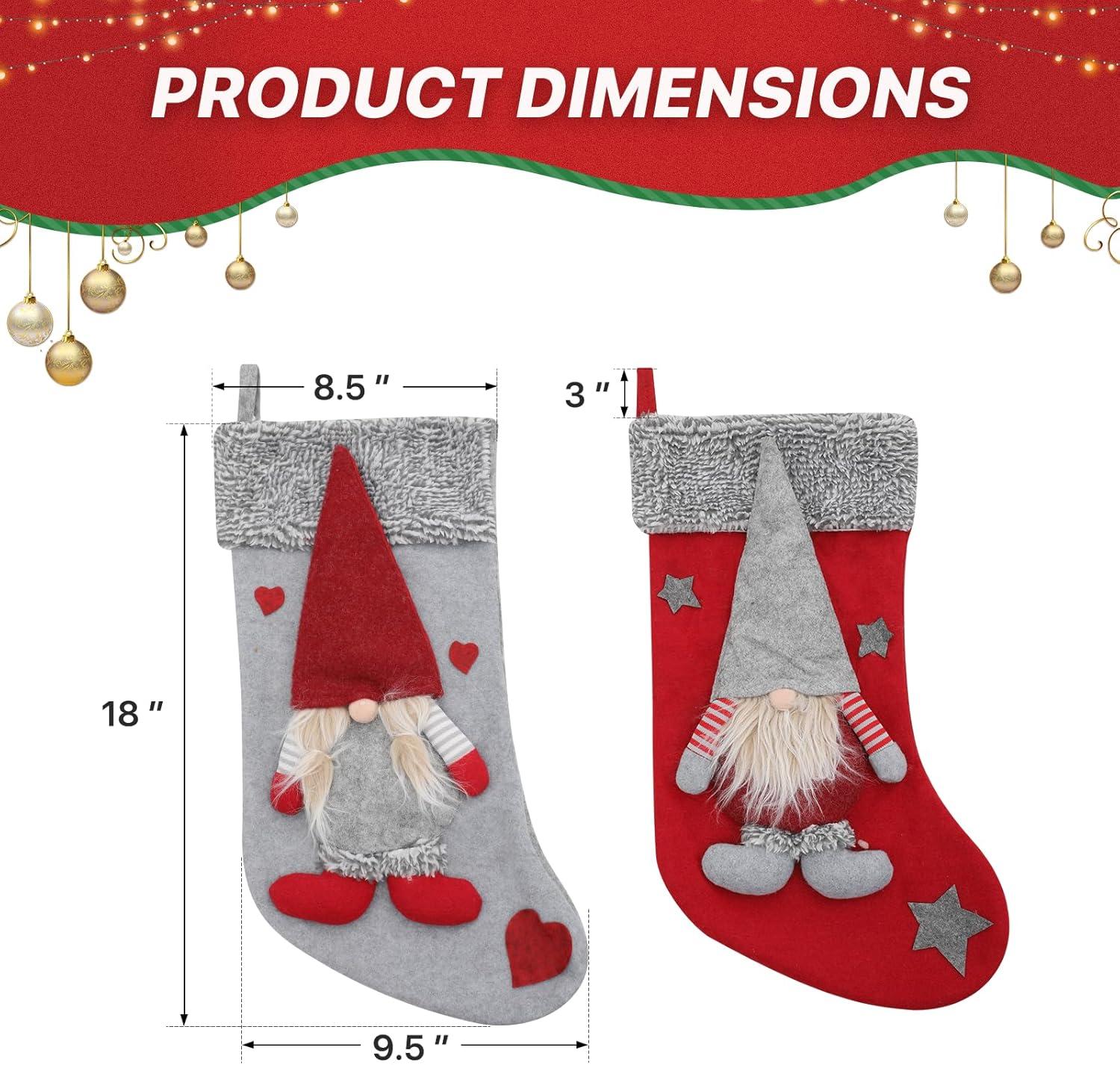 Set of 4 Red and Gray 3D Santa Christmas Stockings with Faux Fur Cuff