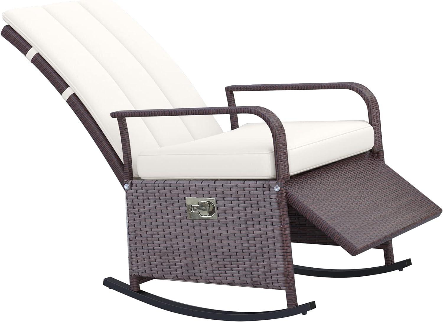 Outsunny Outdoor Rattan Wicker Rocking Chair Patio Recliner with Soft Cushion, Adjustable Footrest, Max. 135 Degree Backrest