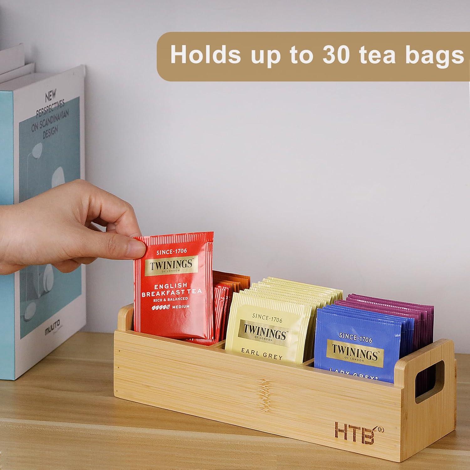 HTB Small Tea Bag Holder Pack of 2, Bamboo Tea Organizer 3 Compartments for Beverage Suppliers, Sweeteners, Individual Packets, Portable Tea Bag Organizer for Home Kitchen Counter or Office