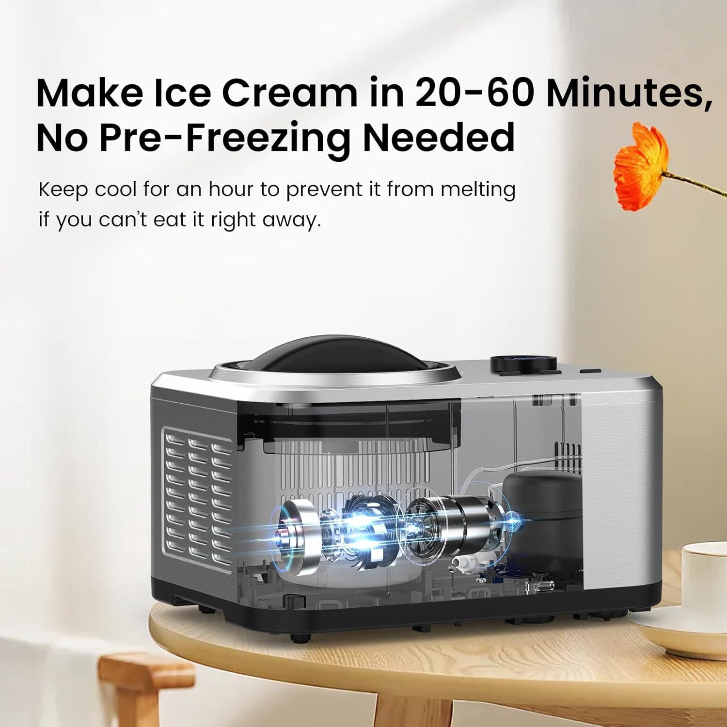 COWSAR 1.5 Quart Ice Cream Maker Machine with Built-in Compressor, Fully Automatic and No Pre-freezing, Frozen Yogurt, Keep-cooling and Timer