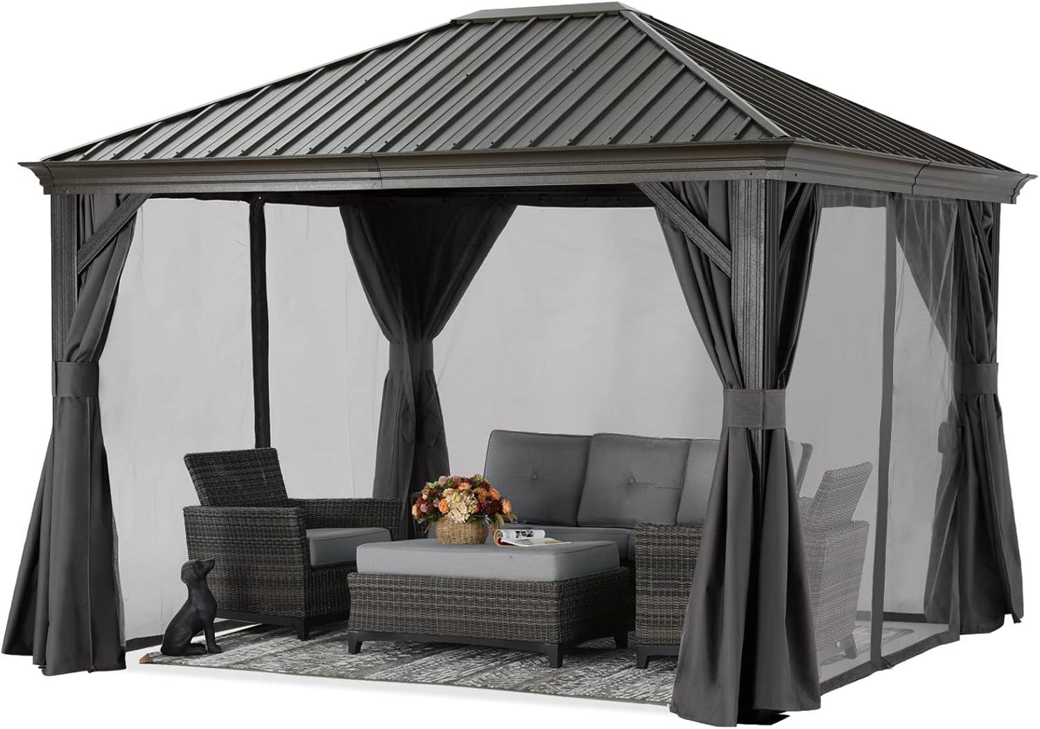 Gray 10x12 Aluminum Hardtop Gazebo with Netting and Curtains