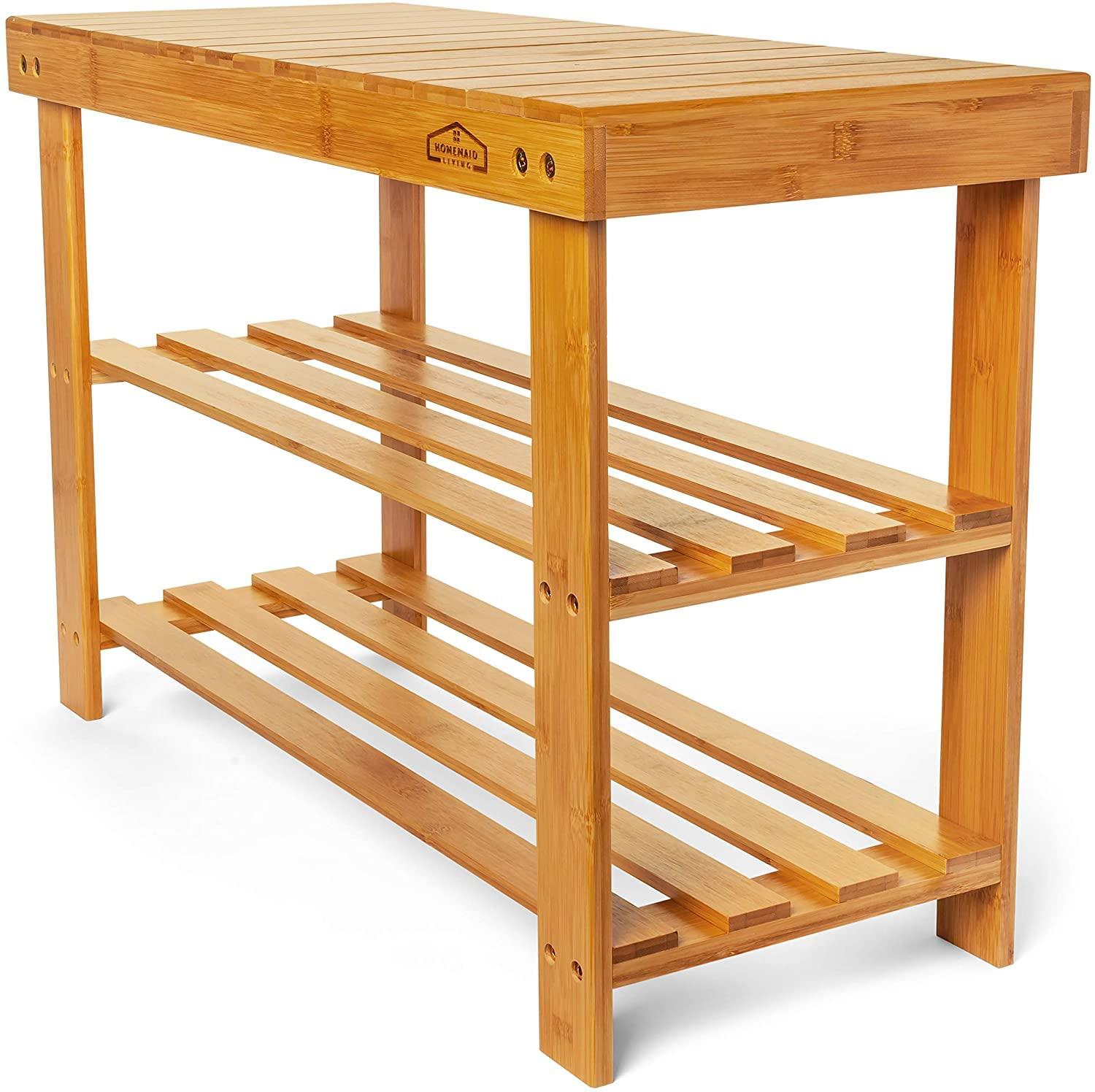 Homemaid Living Bamboo 3 Tier Shoe Rack Small Bench, Outdoor Shoe Rack Weatherproof - Shoe Rack with Bench, Bathroom Bench, Shoe Organizer for Entryway, Hallway, Living Room (Natural Bamboo)