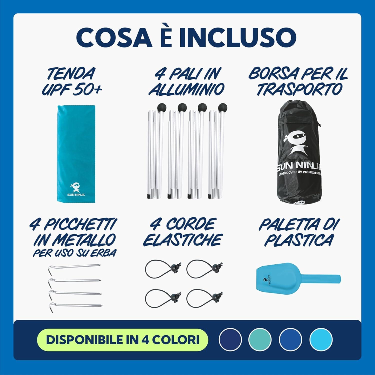 SUN NINJA 7x7.5 FT Pop-Up Beach Tent with Sand Shovel, Pegs & Stability Poles – Navy Blue Sun Shelter for Beach, Camping & Outdoor Use