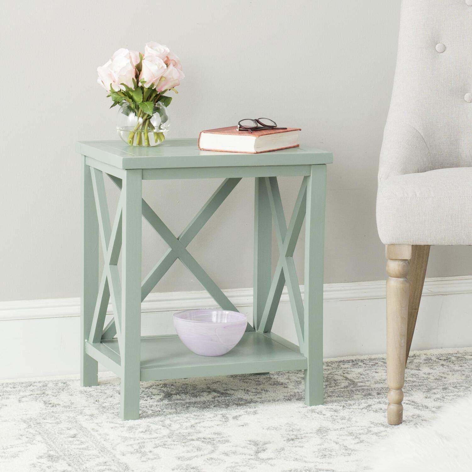 Transitional Teal Wood and Stone Rectangular End Table