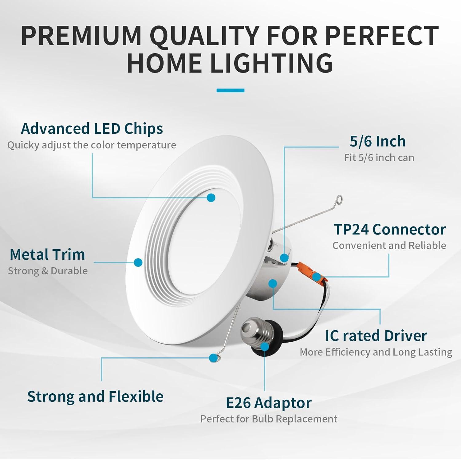 6'' Selectable Color Temperature Dimmable Air-Tight IC Rated LED Retrofit Recessed Lighting Kit