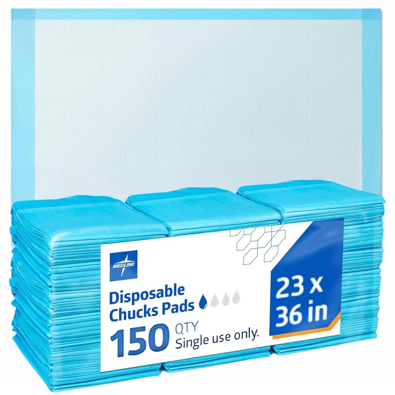 Medline Quilted Basic Disposable Blue Underpad, For Incontinence, Furniture Protection or Pet Pads, 23" X 36", Blue, 150 Count