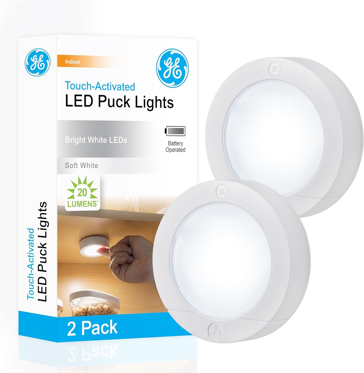 White Touch-Activated LED Puck Lights, 2-Pack