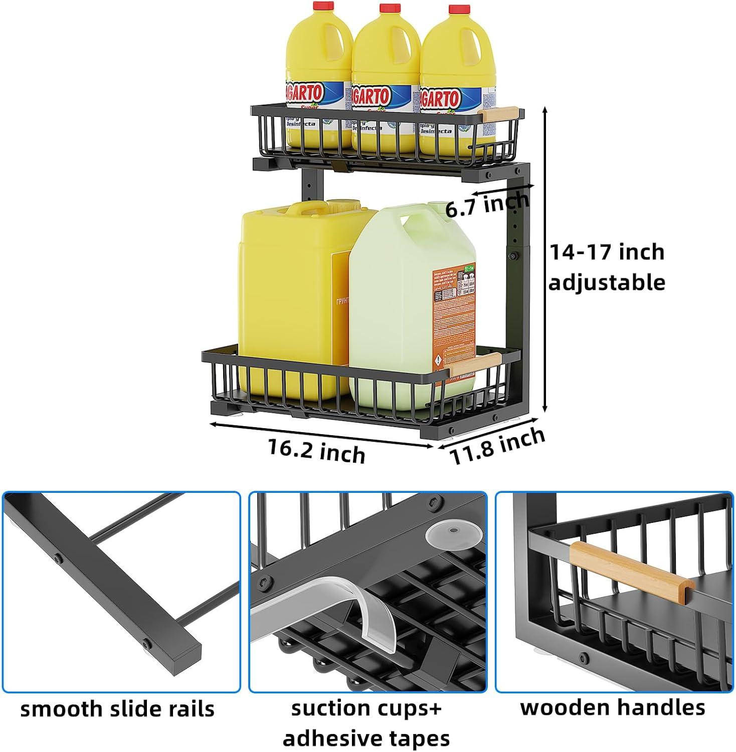 DELAMU 2 Pack Under Sink Organizers and Storage, Pull Out Trash Can Under Cabinet, 2 Tier Bin Organizer with Hooks and Haning Cups, Multi-Purpose Sliding Under Cabinet Organizer