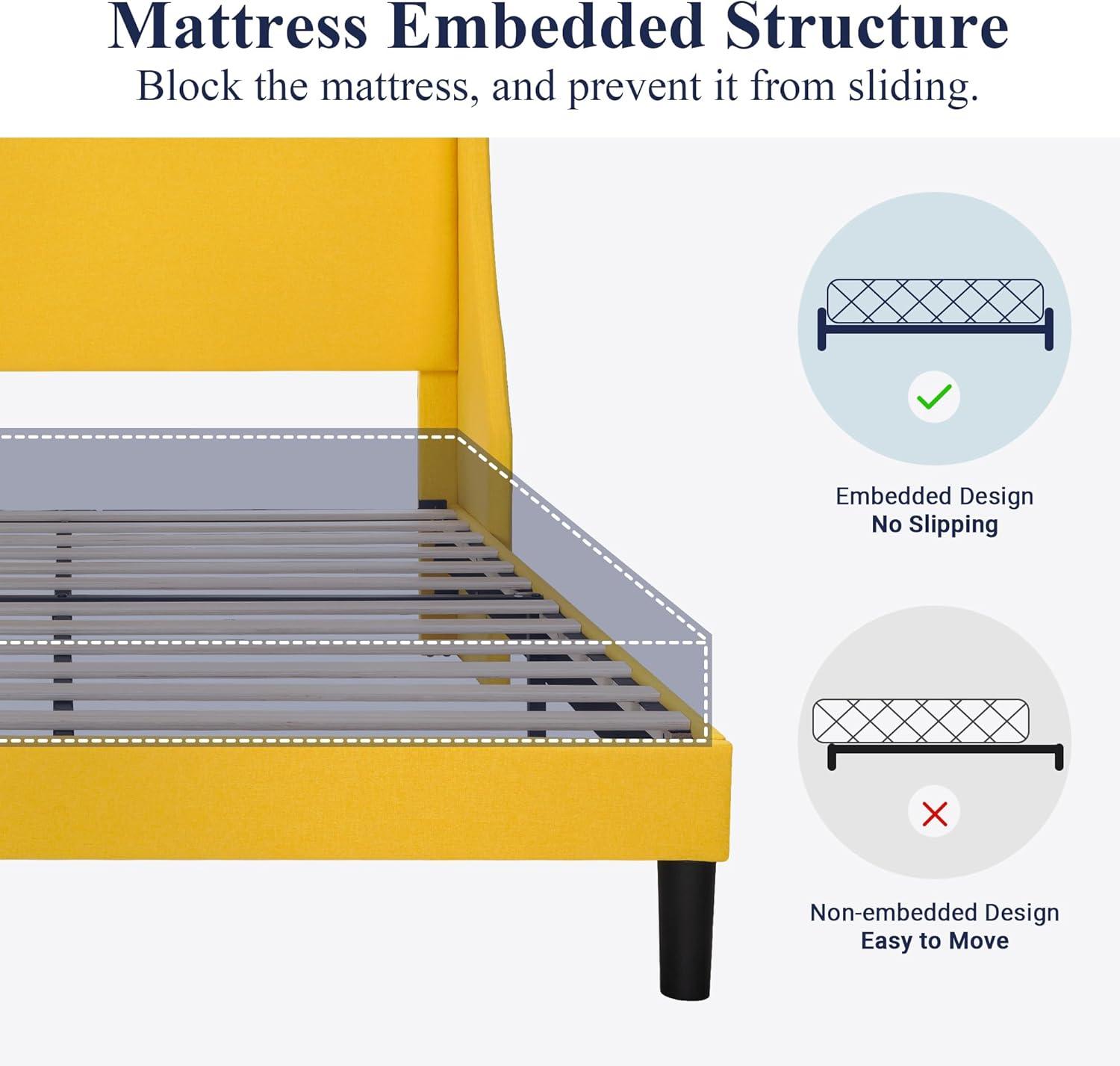 Allewie Platform Bed Frame Queen Size with Upholstered Headboard, Modern Deluxe Wingback, Wood Slat Support, Mattress Foundation, Light Yellow