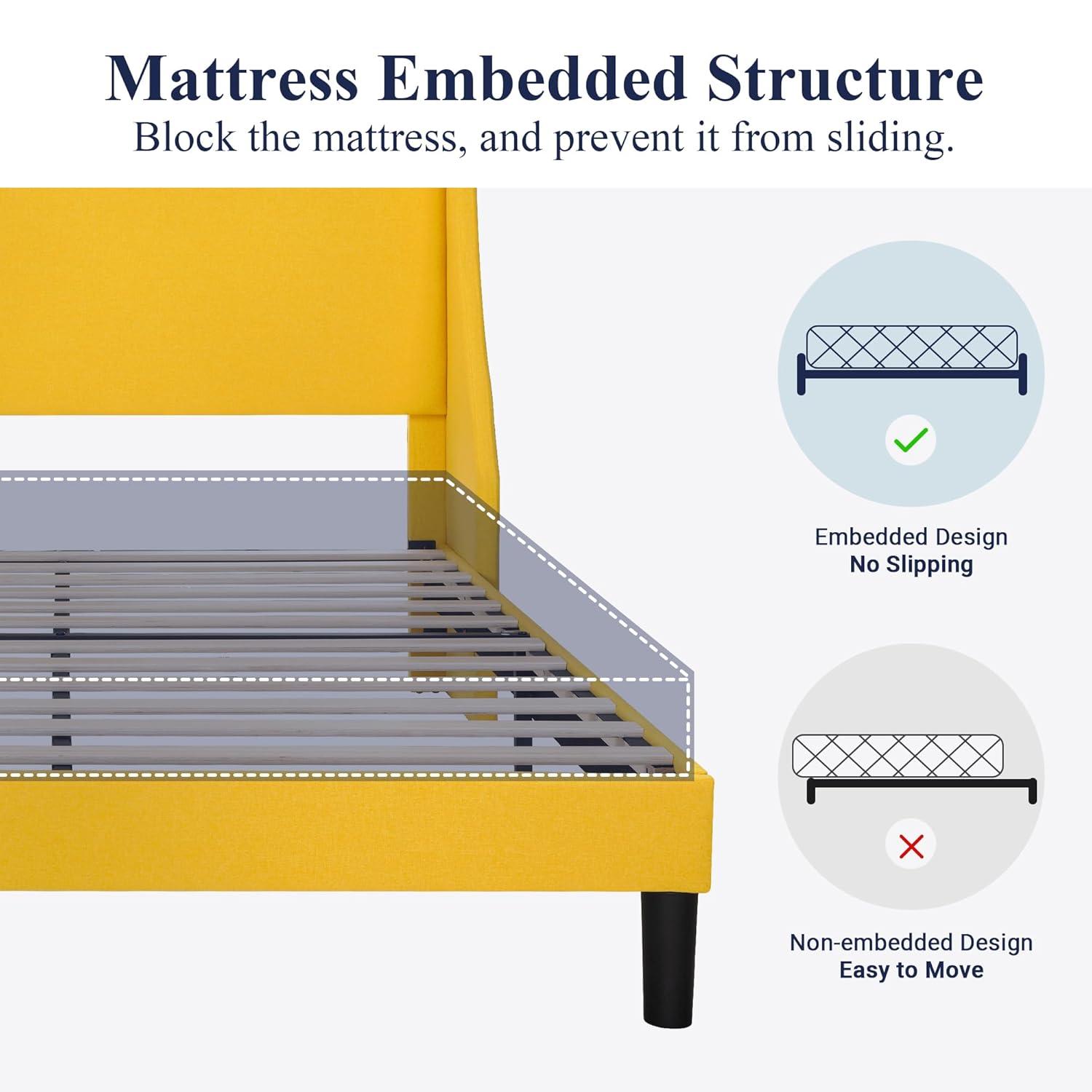 Allewie Platform Bed Frame Queen Size with Upholstered Headboard, Modern Deluxe Wingback, Wood Slat Support, Mattress Foundation, Light Yellow