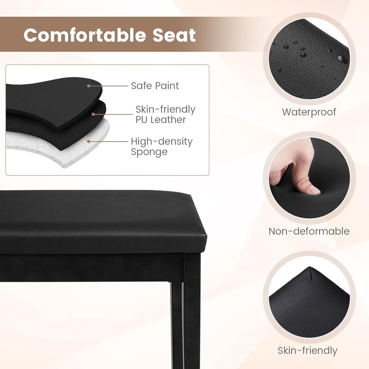 Tangkula PU Leather Piano Bench Solid Wood Padded Double Duet Keyboard Seat w/ Storage Box Black