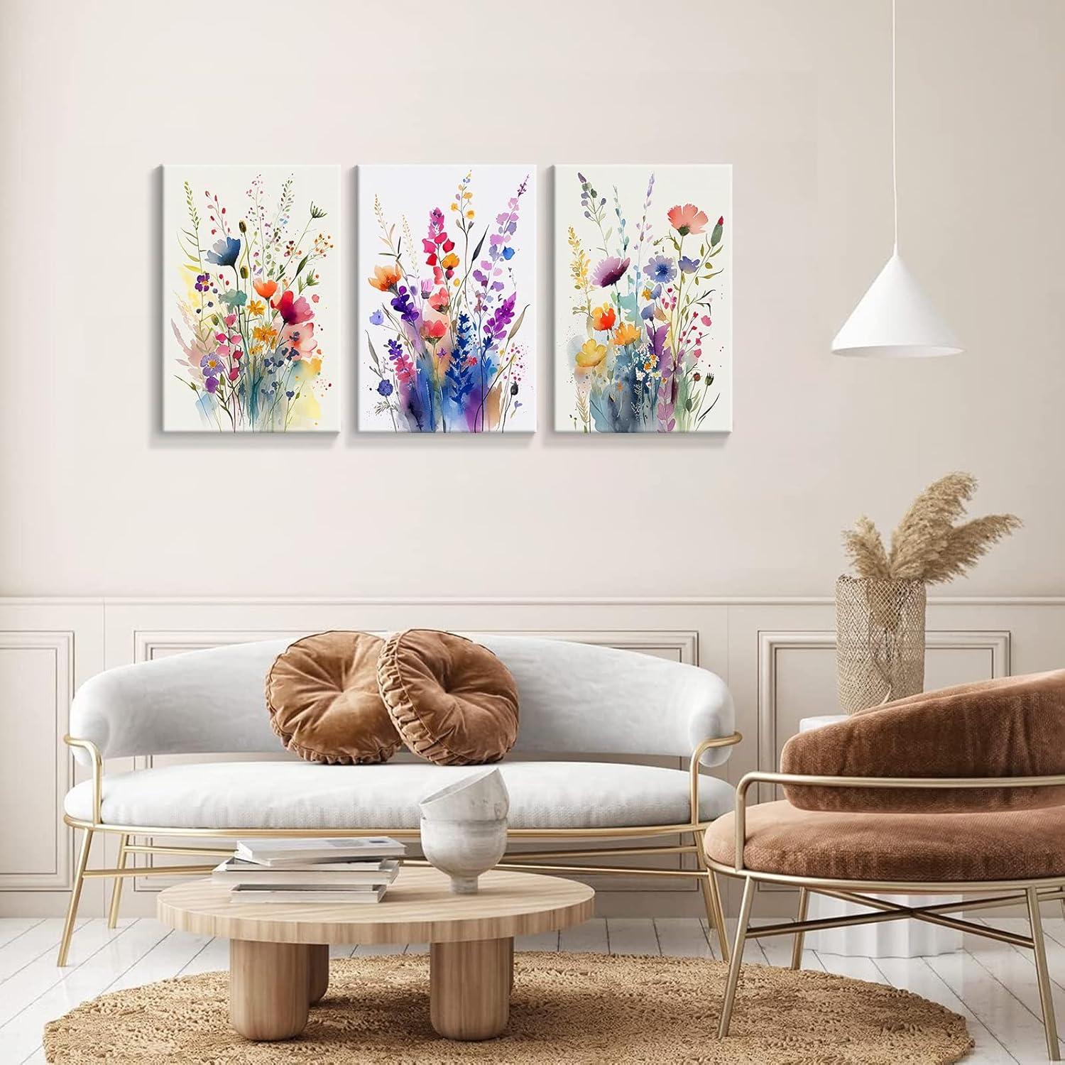 JRXY 3 Pcs Framed Watercolor Floral Botanical Canvas Wall Art Colorful Wildflower Plant Paintings Prints Posters 12x16 in