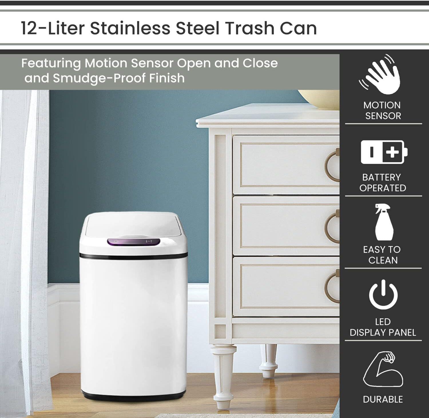 Hanover 12 Liter / 3.2 Gallon Hands Free Trash Can Garbage Bin, Fingerprint resistant, Soft Close, Sensor Lid