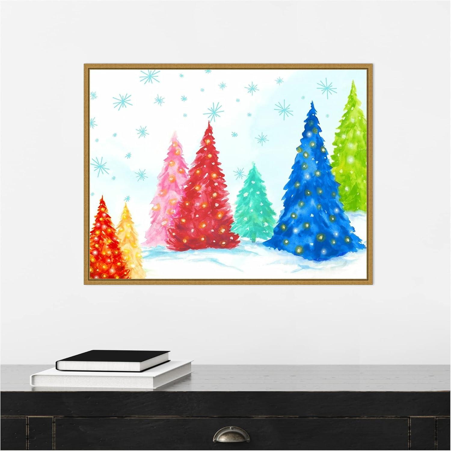 Magic Christmas Trees Multicolor Canvas Print with Gold Frame