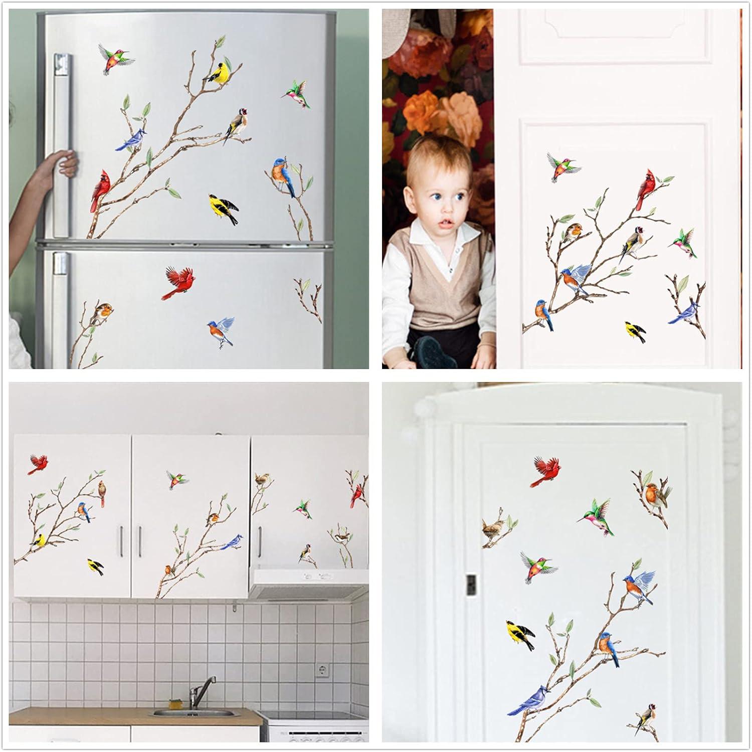Yovkky Spring Summer Tree Branch Bird Strike Window Cling 9 Sheet, Anti Collision Cardinal Wall Glass Sticker Decal Hummingbird Bluebird Robin Decor, Fall Autumn Home Kitchen Office Fridge Decorations