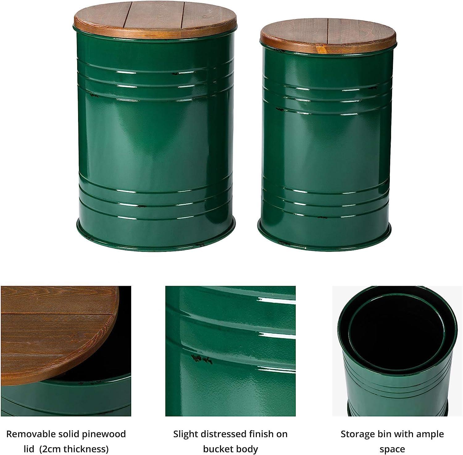 Glitzhome Rustic End Table Set of 2, Farmhouse Galvanized Metal Barrel Ottoman Storage Stool with Round Wood Lid for Living Room Furniture, Hunter Green