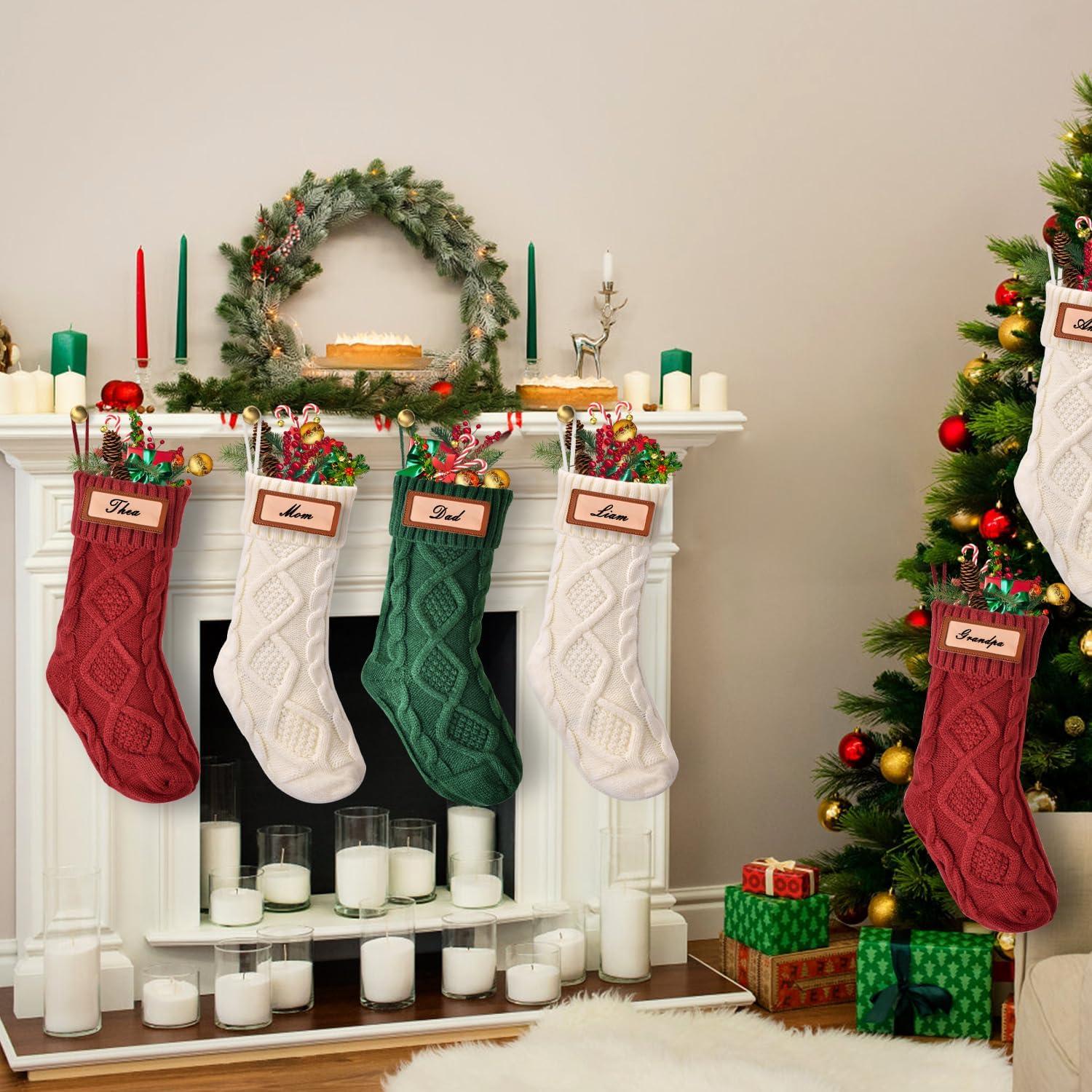 Large Red and Green Cable Knit Christmas Stockings, 4 Pack