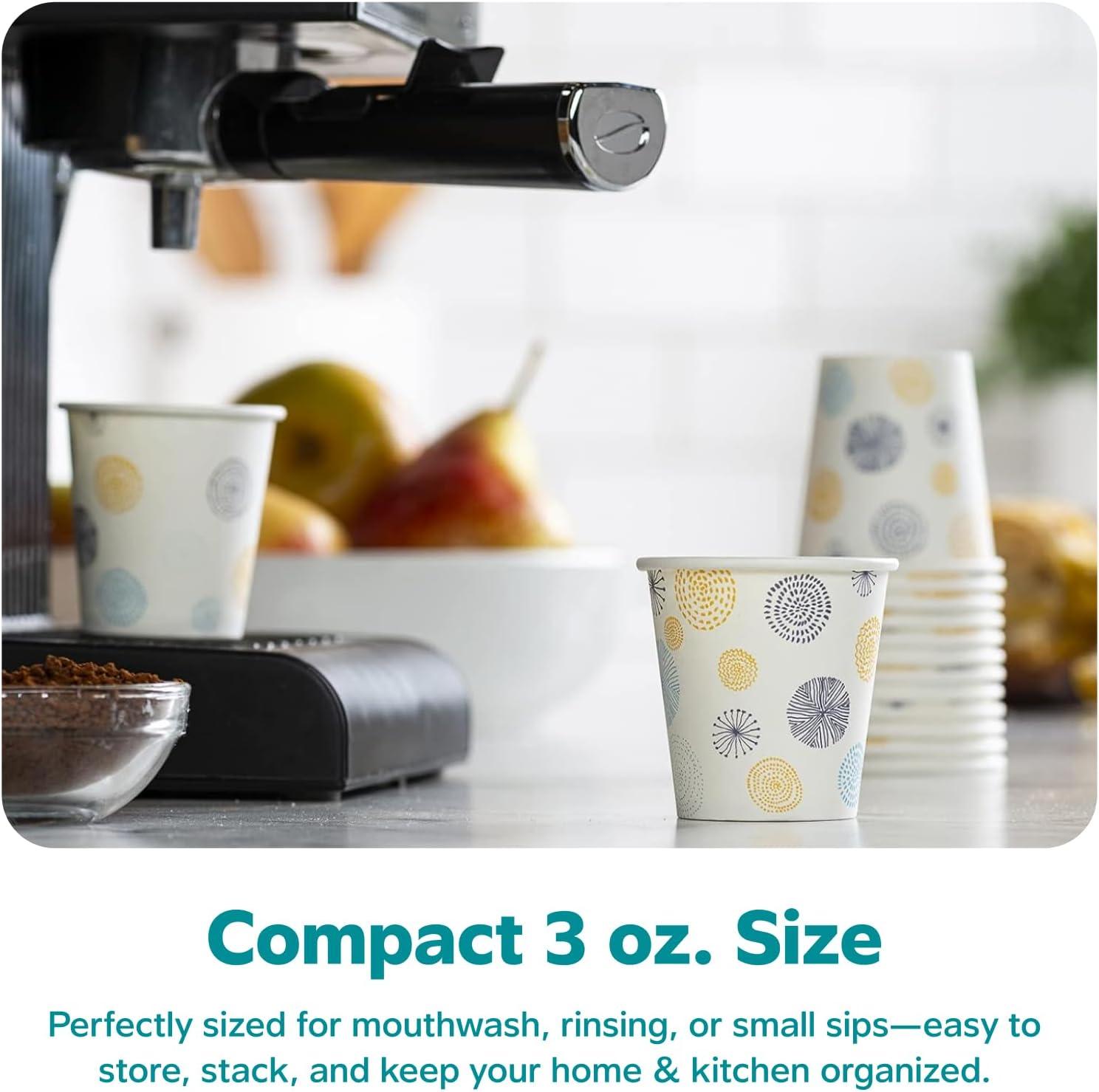 GUSTO [3 oz. - 100 Count Small Paper Cups, Disposable Mini Bathroom Mouthwash Cups - Eco-Friendly and Versatile - Floral