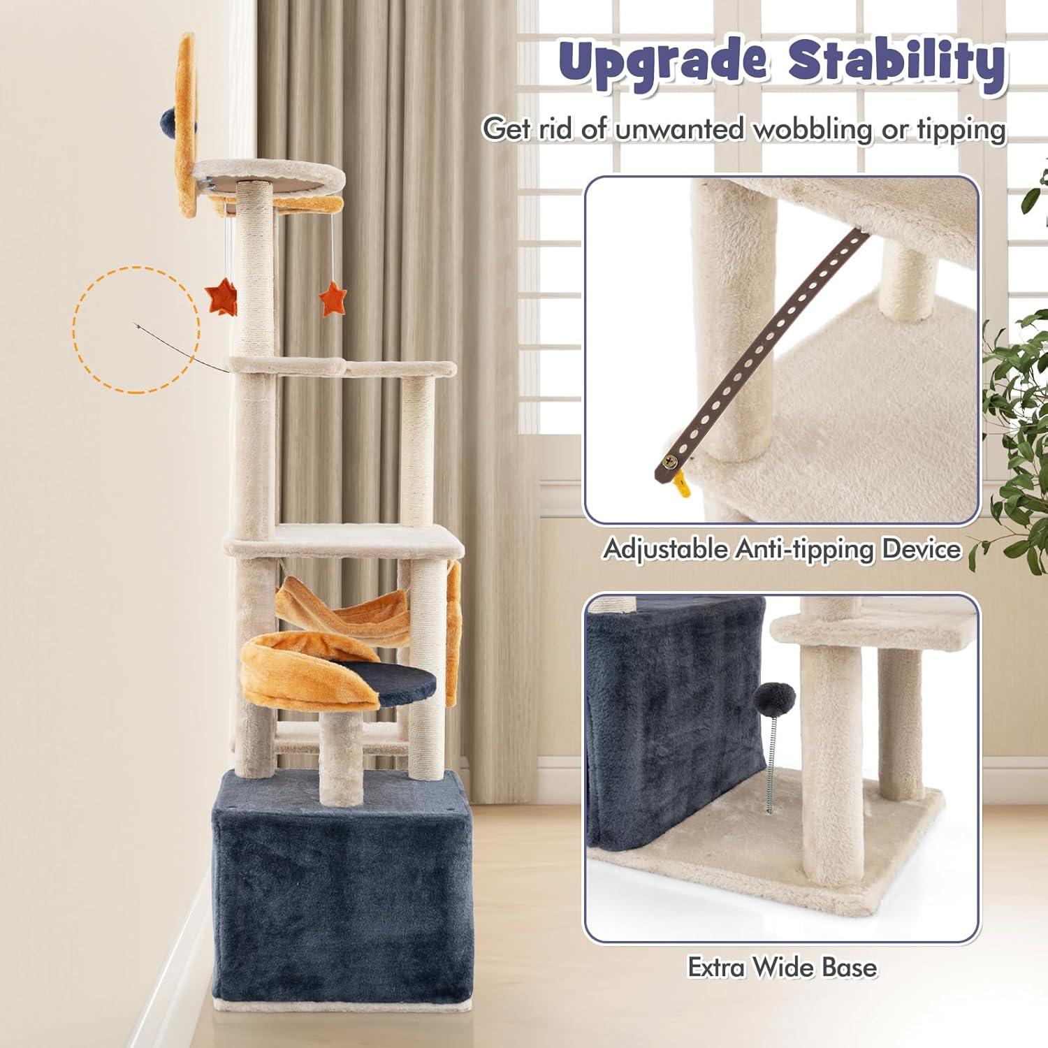 PawHut Cat Tree, 63 Inch Moon and Star Themed Cat Tower with Scratching Post, Hammock, Condo, Bed, Scratching Board & Cat Toys, Beige