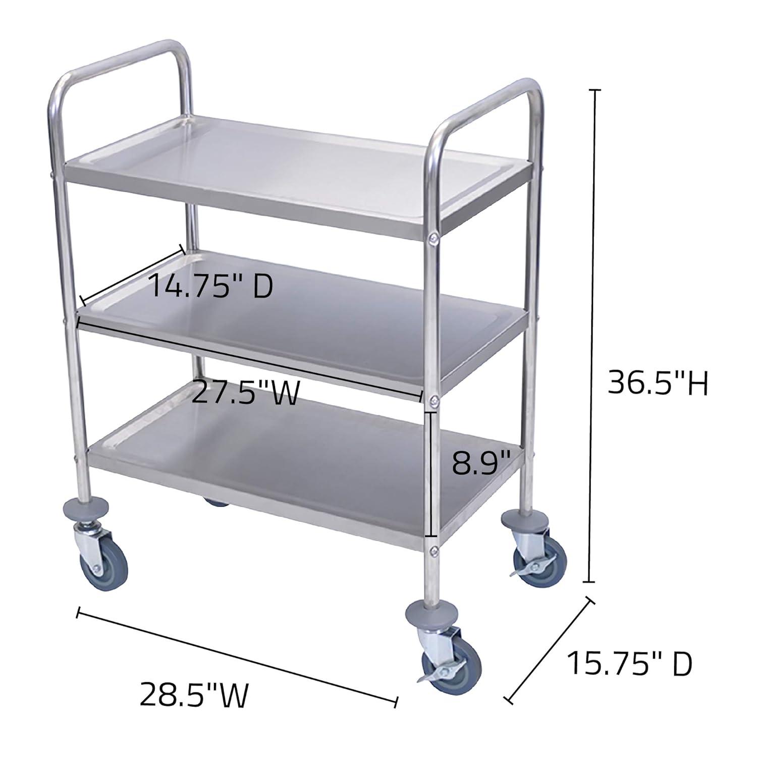 Luxor 37" Silver Stainless Steel 3-Shelf Utility Cart