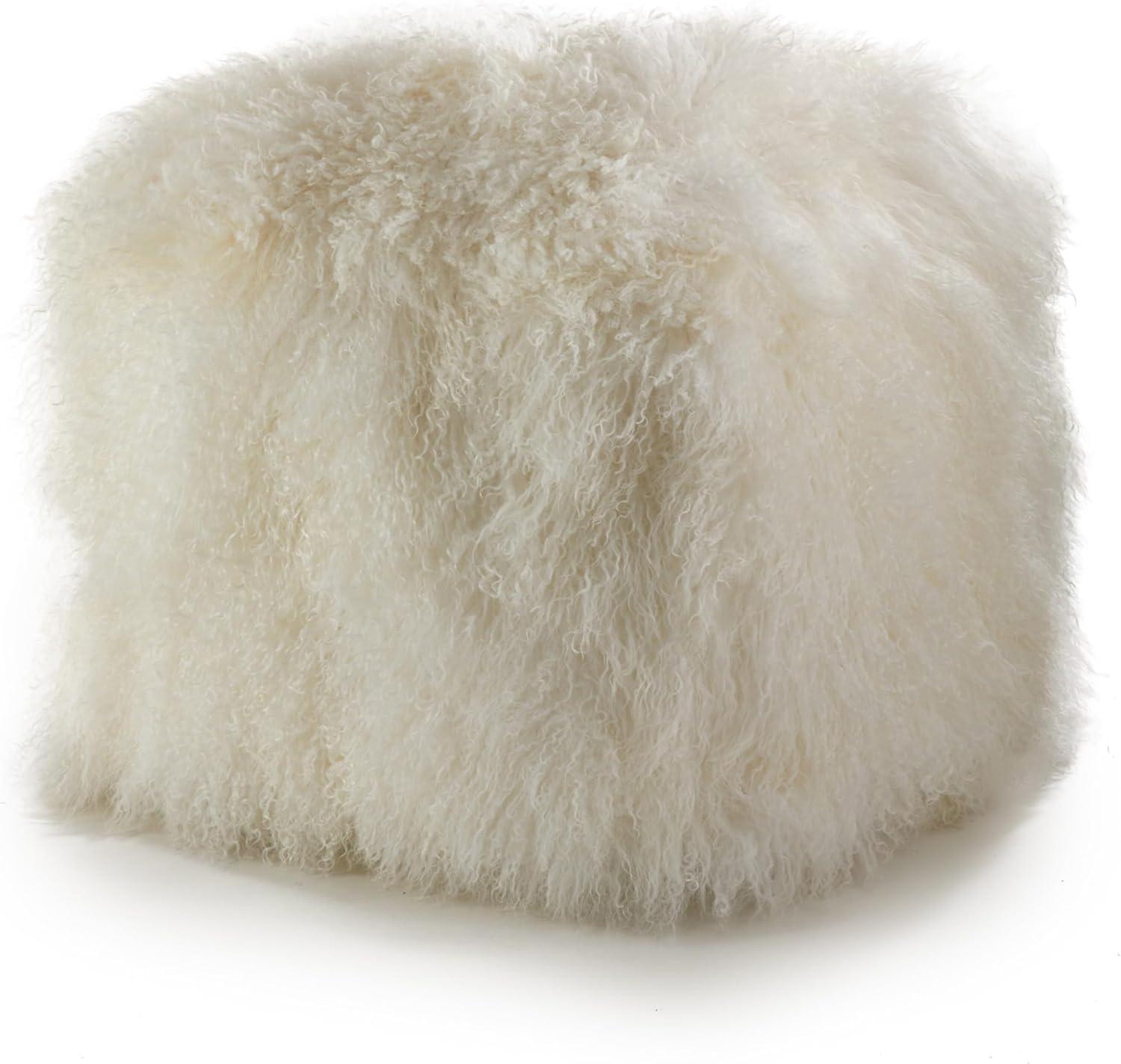 Saro Lifestyle Real Mongolian 100% Wool Lamb Fur Pouf Ottoman Square