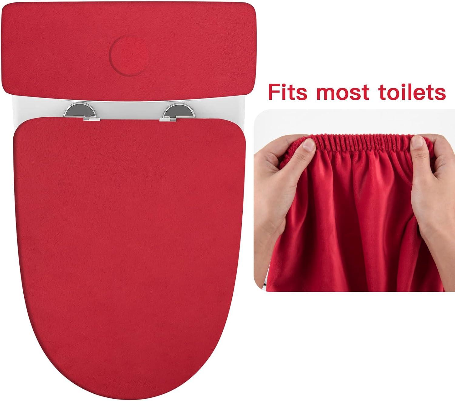 Red Bathroom Toilet Lid Seat Cover Set,Polyester Fibre Toilet Lid Cover,Elastic Bottom Cover Set,Toilet Tank Lid Cover,Machine Wash Set