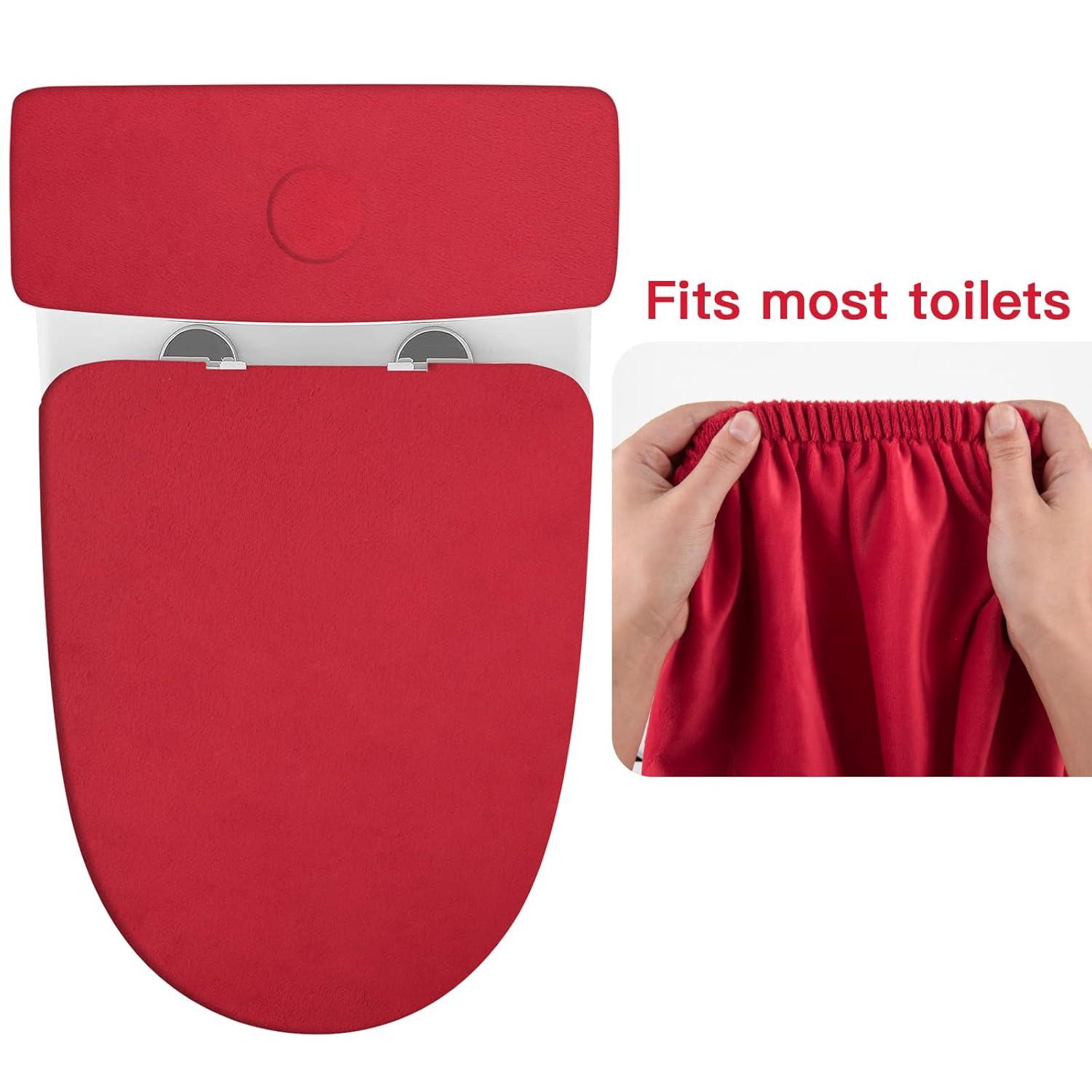Red Bathroom Toilet Lid Seat Cover Set,Polyester Fibre Toilet Lid Cover,Elastic Bottom Cover Set,Toilet Tank Lid Cover,Machine Wash Set