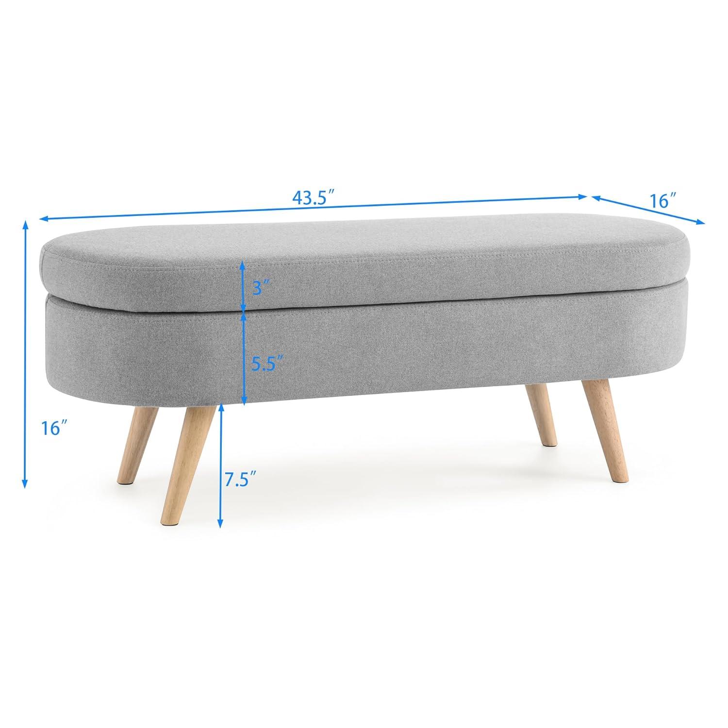 Sumdeal 43.5" Storage Ottoman Bench with 250lb Seating, Linen Upholstered Wood Legs Safety Hinge Flip Top Oval Foot Rest Long Stool for Sofa Couch Bedroom End of Bed Living Room Entryway, Grey