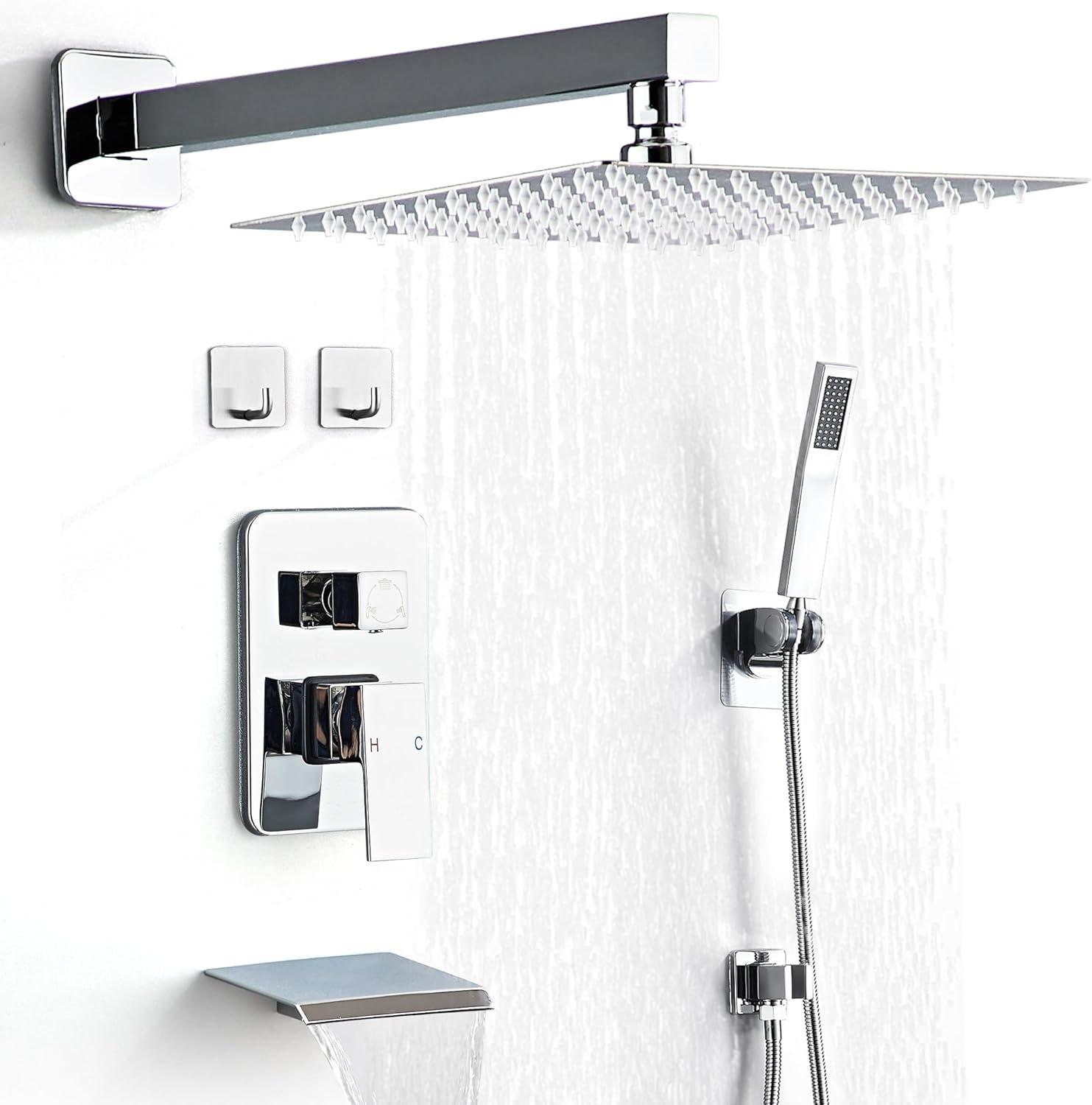 Shower System Shower Faucet Combo Set Wall Mounted with 10" Rainfall Shower Head and handheld shower faucet, Chrome Finish with Brass Valve Rough-In