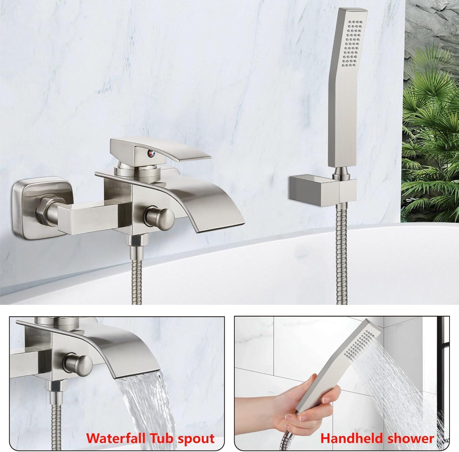 Midanya Wall Mount Bathtub Faucet with Handheld Spray Waterfall Tub Filler Single Handle Bathroom Tub Mixer Tap Hand-Shower System with Curved Spout Commercial,Brushed Nickel
