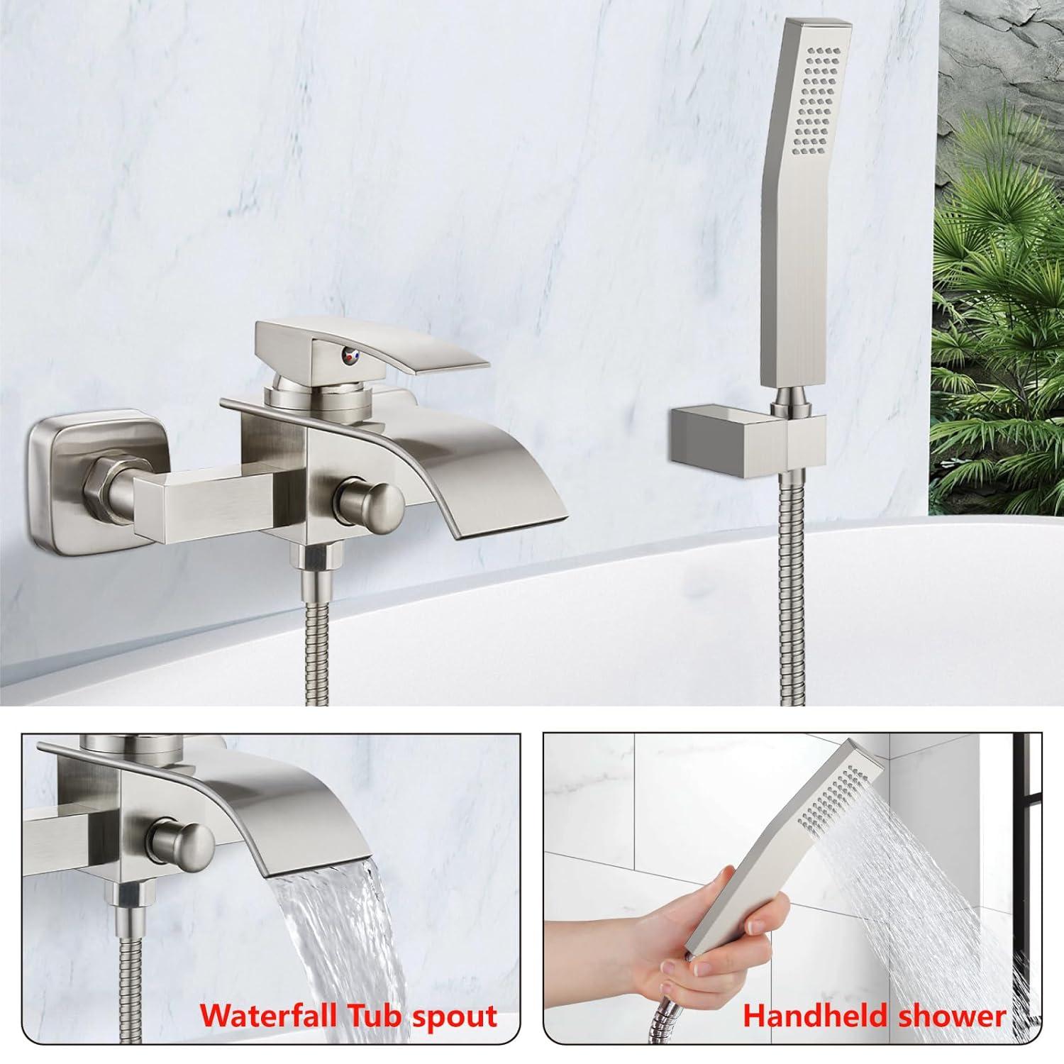 Midanya Wall Mount Bathtub Faucet with Handheld Spray Waterfall Tub Filler Single Handle Bathroom Tub Mixer Tap Hand-Shower System with Curved Spout Commercial,Brushed Nickel