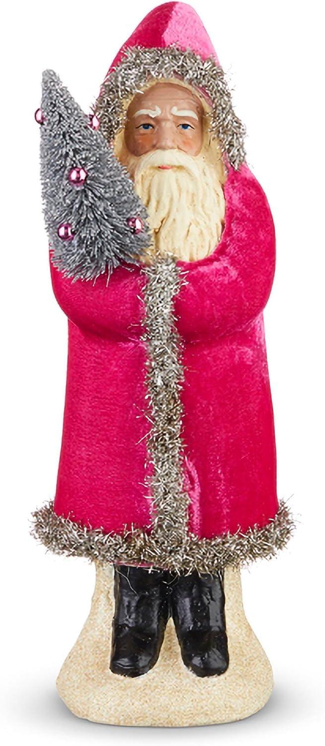 12" Pink Velvet Santa Figurine with Tinsel Trim